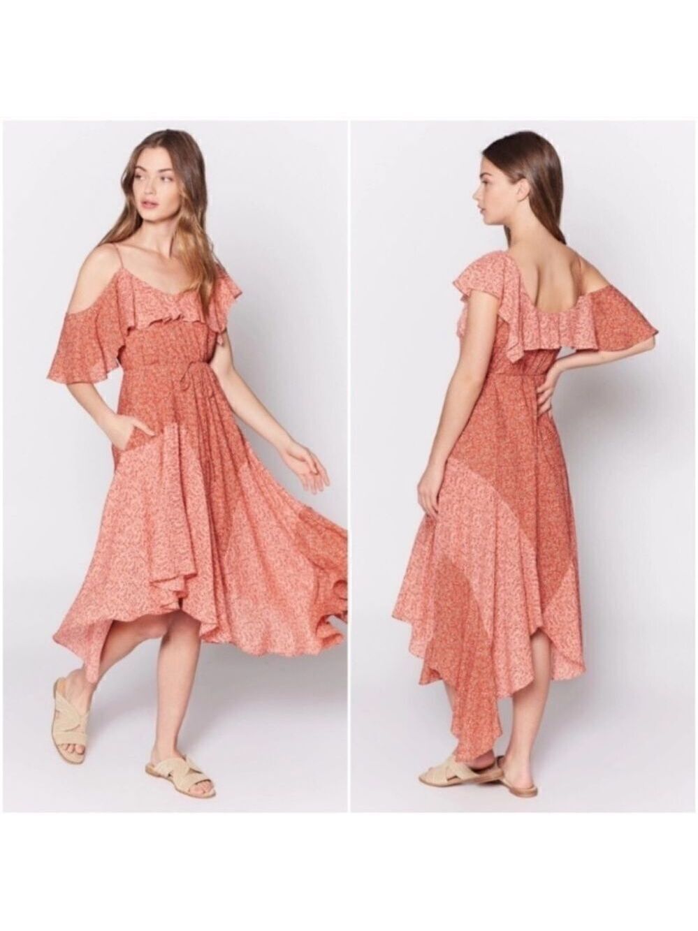JOIE Hacinthia One Shoulder Silk Midi Dress Boho Ruffle in Cinnamon Size Small